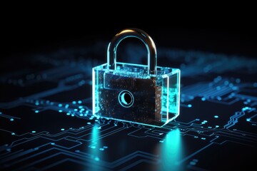 padlock icon on blue lights digital superimposed background, Generative AI