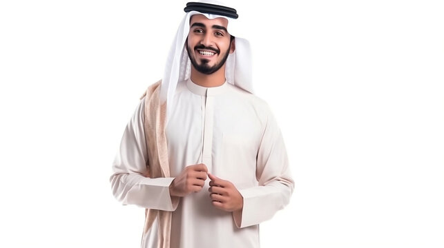 Happy Arab middle eastern Saudi man in traditional. Excited fun man. Isolated on white color background. Generated Ai