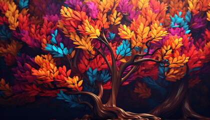 Farbiger Baum vor schwarzem Hintergrund, 7, Ai generiert - obrazy, fototapety, plakaty