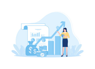 A woman is analyzing business financial growth data concept flat illustration