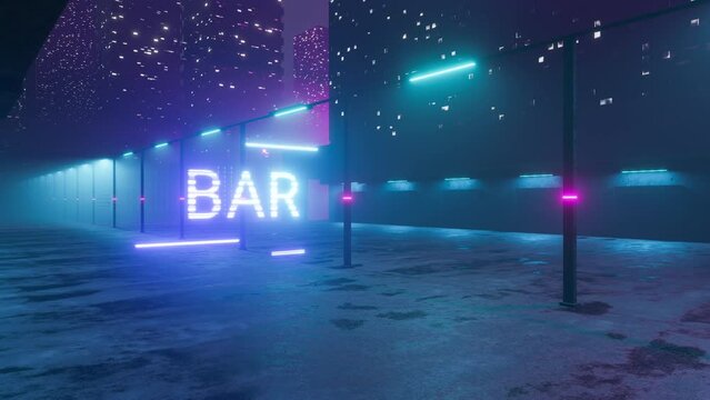 Night Street with holograms with the inscriptions club bar hotel vr on the background of a futuristic city. Scene without people. 80s old style. 4K loop render. Stock video. Seamless 3D animation