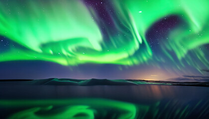 Aurora Background reflection on the water surface, Green and Purple Northern lights (Aurora borealis) in the sky over Tromso, panorama with northern light in night starry sky against mountain and lake