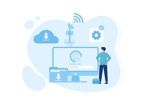 The process of updating a computer with a wifi network concept flat illustration