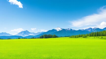 Fototapeta premium Panoramic natural landscape with green grass field, blue sky with clouds and mountains in the background. Panorama summer spring meadow. Generative Ai