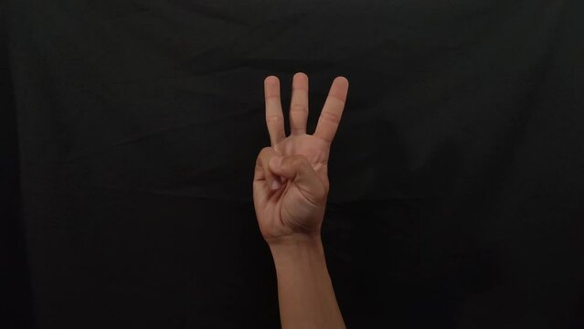 American sign language (ASL).A man's hand doing one-handed sign language used by deaf and dumb. man's hand doing Alphabet W sign language in 4K. W alphabet sign.