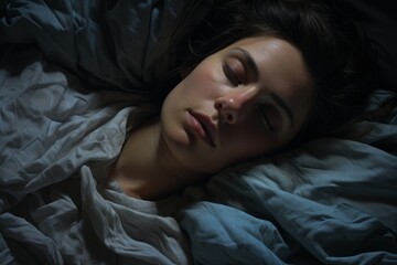 Naklejka premium Young european girl sleeping laying night bedroom red dress relaxed woman dreaming during sleep dreams dark room relaxation