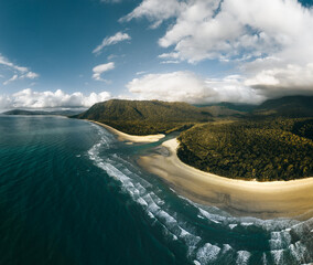An aerial view of Myall Beach at Cape Tribulation in daintree national park in Tropical North Queensland, Australia