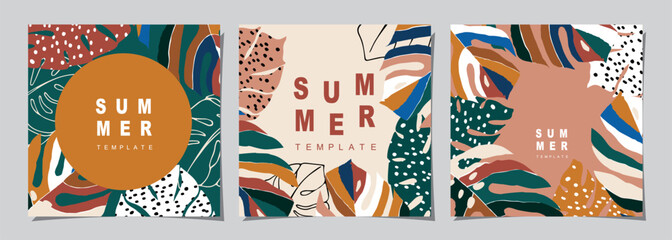 Fototapeta na wymiar Summer template set for poster, card, cover, label, banner in modern minimalist style and simple summer design templates with tropical leaves, flower, and plants.