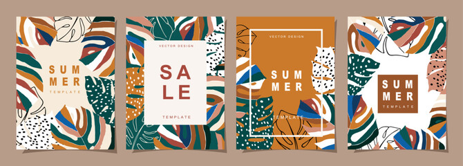 Summer template set for poster, card, cover, label, banner in modern minimalist style and simple summer design templates with tropical leaves, flower, and plants.