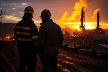 Fototapeta premium Builder construction team. Silhouette of engineers on sunset. Generative AI.