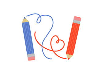 Pencils and line drawing. Line, heart Shape, zigzag, drawn in pencil. Stationery. Vector illustration, background isolated, white.