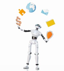 Robot Juggling with business icons, 3D rendering illustration