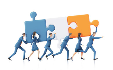 Business people caring big puzzle pieces. Support, success and cooperating idea  3D rendering illustration