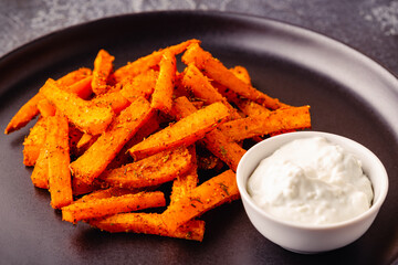 Sweet potato fries with blue cheese sauce.