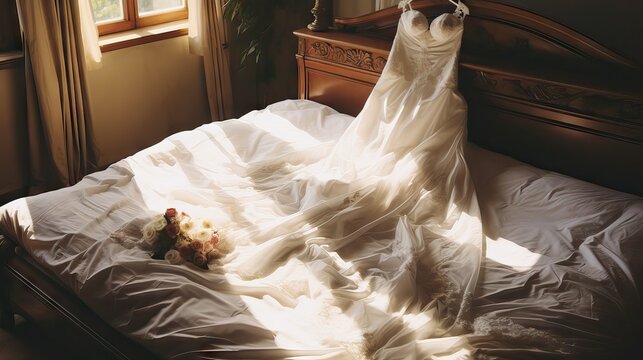 A beautiful wedding dress, carefully laid out on a bed, ready for the big day. Generative AI