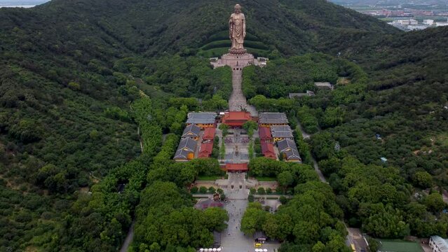 Aerial video of Grand Buddha at Ling Shan, Binhu District, Wuxi, Jiangsu, China