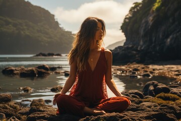 Meditating in yoga pose on the beach, ocean and rock mountains. Generative AI