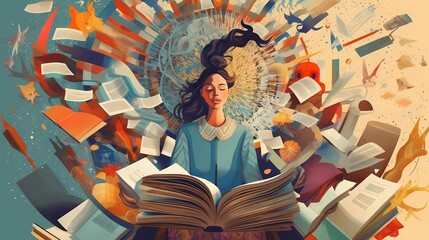 Illustration of a young woman reading a book, Conceptual Illustration Embracing the World of Books