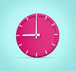 3D rendering of a pink analog clock isolated on a light blue background