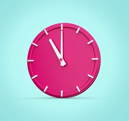 3D rendering of a pink analog clock isolated on a light blue background