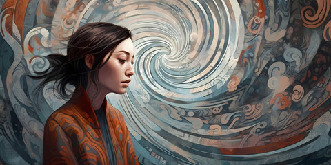 Spiraling Thoughts, Woman in front of an abstract vortex, Concept Illustration Depicting Mental Health and Depression