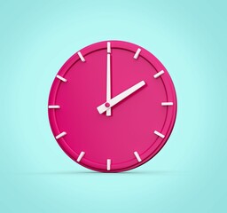 3D rendering of a pink analog clock isolated on a light blue background
