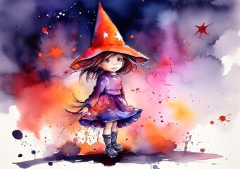 Cute witch on background of sky with stars Halloween character watercolor illustration Generative AI