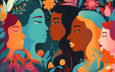 Illustration of a group of women with flowers in their hair., Illustration Reflecting the Concept of Female Diversity