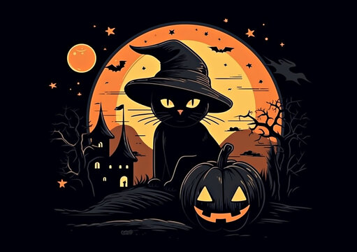 Cute black cartoon cat with witch hat on halloween background. Generative AI