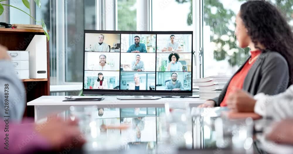 Poster Video call, meeting and office greeting online on computer screen with company group. Professional, networking and welcome on a onboarding team conversation with digital communication of workforce