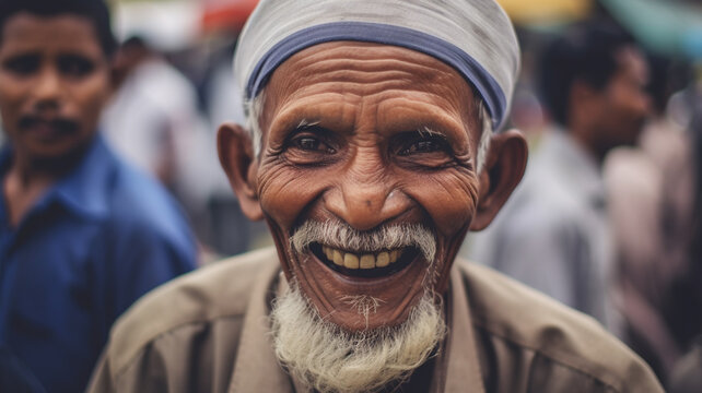 old man with wrinkles and gray hair and beard and and big ears and takke headgear for muslim men, at prayer, standing outside among many people, smiling with yellow teeth happy and proud
