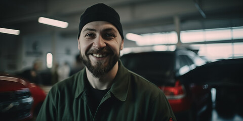 Fototapeta na wymiar a smiling young handsome man stands in front of a car, a car repairman, a loader, a driver, a trucker, a trucker, a man's job, a transport company