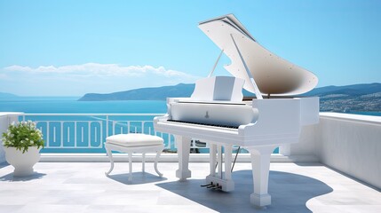 Fototapeta na wymiar A beautiful white piano located on a luxurious balcony, overlooking an idyllic Mediterranean beach. Generative AI