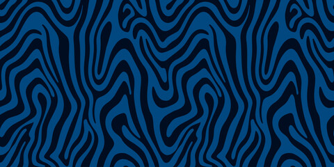 Abstract blue curve shape seamless pattern. Monochrome zebra skin wallpaper. Dynamic wave surface ornament.