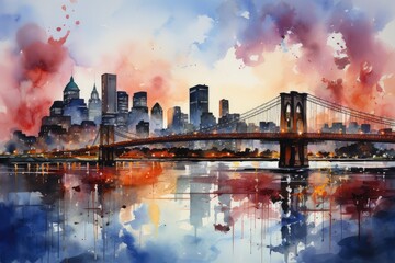 Fototapeta na wymiar Watercolor night Brooklyn Bridge in New York. Urban landscape. Generative AI