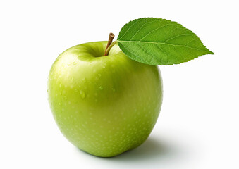 Green apple with leaf on white background.Macro.AI Generative
