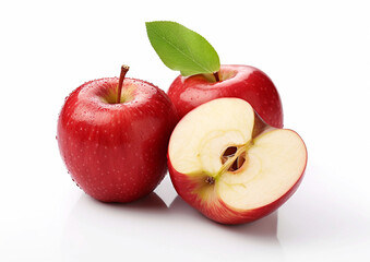 Red sweet apples with leaf on white background.Macro.AI Generative