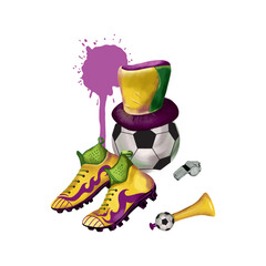 Football boots, ball, whistle, hat and pipe of a football fan. Vector illustration of football set. Sports banners, flyers, invitations, t-shirt.