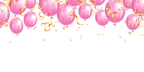 vector realistic pink balloon and gold confetti border isolated on transparent background. festive helium balloons for anniversary, birthday party design