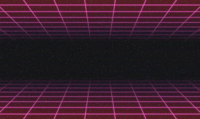 Laser Neon Grids in Deep Space. Retro Futuristic Design in 80s Style. Synthwave, Retrowave, Vaporwave Theme - obrazy, fototapety, plakaty