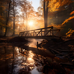 Wooden bridge over a small river in the autumn forest at sunset Generative AI