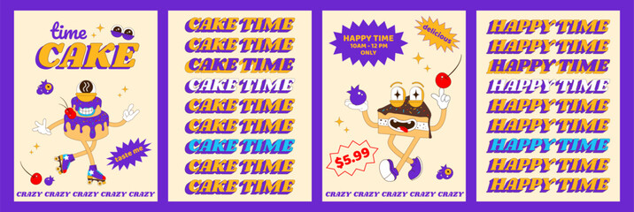 Trendy psychedelic posters with funny sweets characters. Cheerful cake mascot, piece of cake. Poster design for coffee shop, bakery, menu. Vector illustration in cartoon style.