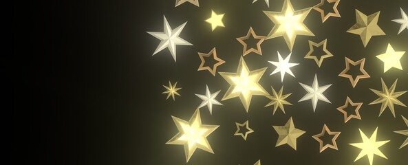 Banner with golden decoration. Festive border with falling glitter dust and stars.