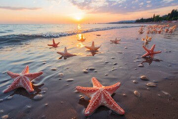 Starfishes scattered on a beach shore, whispering tales of the sea.