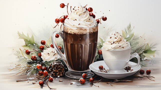 hot chocolate with cream and christmas decoration in  watercolor painting style 