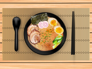 Ramen on wooden table viewed from above Used for the cover image. food advertising poster