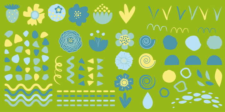 Colorful shape doodle collection. Funny basic shapes, random childish doodle cutouts hand. Abstract set of flower, grass, berry, drop, stone, wave, snail, shell, circle, triangle variation shapes.
