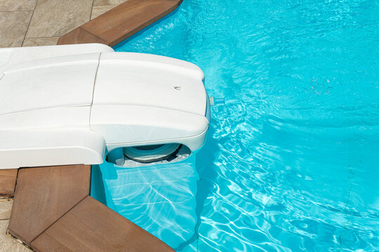 Pool water filtration system. Pure water. white filter for pool water. View from above.