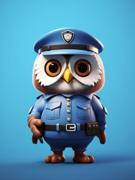 A Cute 3D Owl Dressed Up as a Police Officer on a Solid Color Background | Generative AI