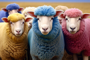 Sheep standing in a row and thinking in colorful pullowers
